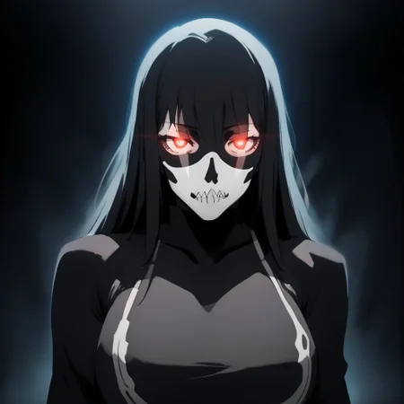 score_9, score_8_up, score_7_up, source_anime, expressive, anime, C0NTR4CT0R, speedlines, dynamic, 1girl, face_hidden, shadows, contrast, (long Hair:1.3), revealing clothing, body silhouette, shadows, large breasts, red_pupils, glowing, glowing eyes, BL4CK3STBL4CK, black_theme, matte_color, flat_color, (skull_mask), skull_mask