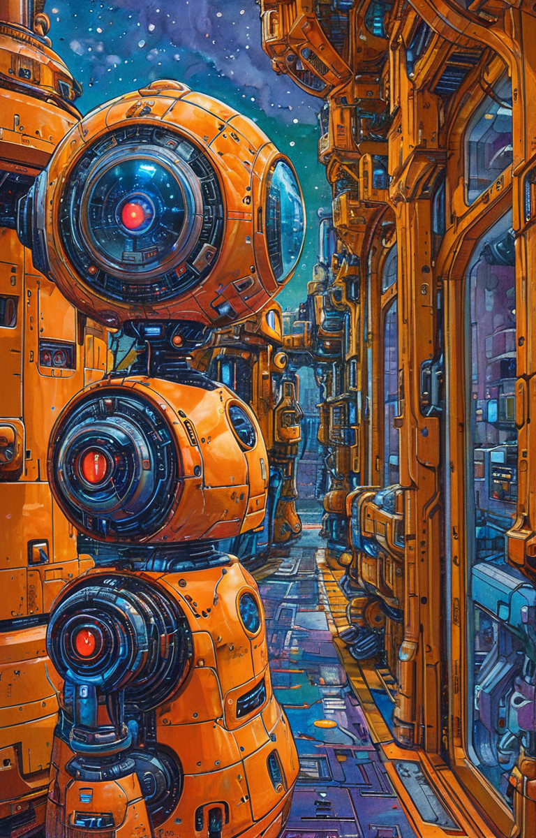 masterpiece,best quality,<lora:tbh179-sdxl:0.9>,illustration,style of David Welker, portrait of Housework robots