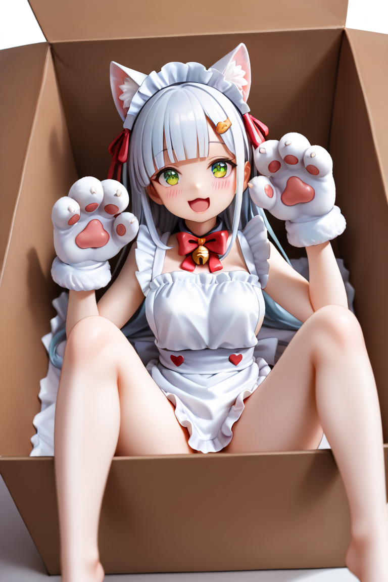 1girl,animal ears,solo,cat ears,bell,sitting,looking at viewer,apron,animal hands,jingle bell,open mouth,smile,hair ornament,in box,from above,bangs,in container,maid headdress,gloves,white gloves,fake animal ear fluff,maid,paw gloves,maid apron,frills,blush,looking up,ribbon,blunt bangs,box,spread legs,from above,(nude aprons:1.2),heart arms