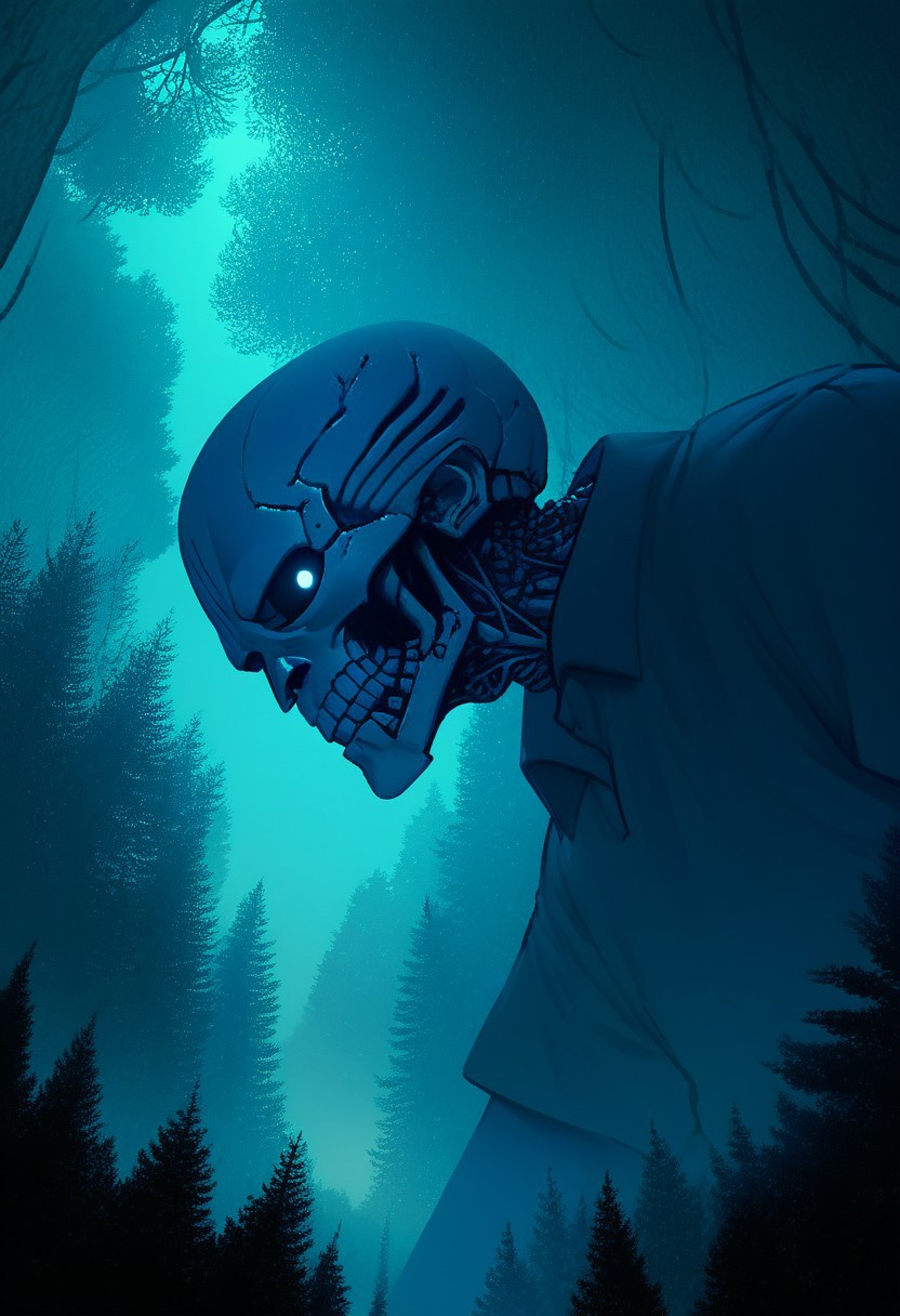 score_9, score_8_up, score_7_up, score_6_up, score_5_up, flat color, sinozick style, john kafka, (1man, blue skeleton), cool shirt, (forest, giant, CR33P1NGF0G, fog)