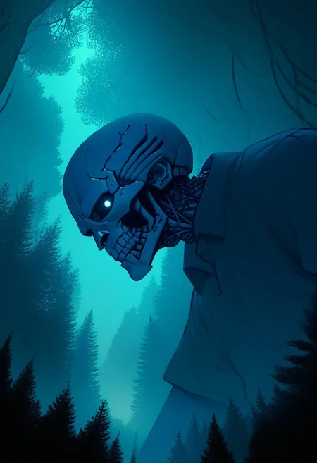 score_9, score_8_up, score_7_up, score_6_up, score_5_up, flat color, sinozick style, john kafka, (1man, blue skeleton), cool shirt, (forest, giant, CR33P1NGF0G, fog)