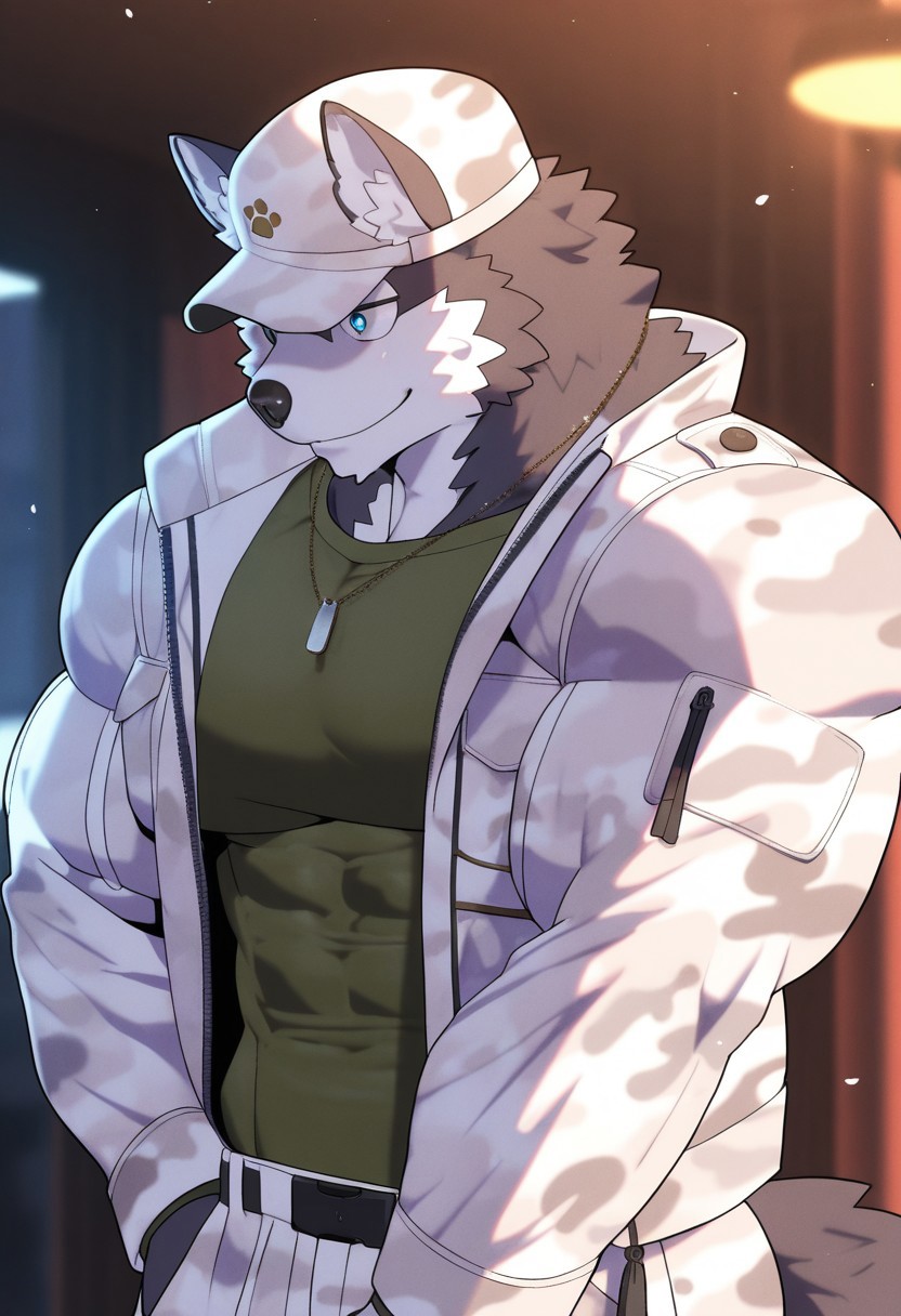 BREAK masterpiece, amazing quality, best quality, high res, HD, 8K, intricate details, Extremely detailed, detailed eyes, solo, male focus, beautiful, very aesthetic, hyper-detailed, cinematic lighting,  beautiful vibrant colors, furry male, furry,  <lora:ConnorV1:1>, ConnorDT, dog boy, husky, grey fur, short hair, blue eyes, wolf tail, muscular, bara, soft shading, athletic build, green shirt, white camo pants, jacket, cap, face focus, upper body, portrait, smile