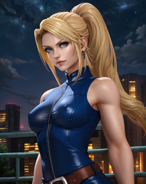 Sarah,high ponytail,blue eyes,long hair (solo),
blue bodysuit,belt ,belt, sleeveless, zipper, earrings, fingerless gloves,
standing, covered nipples,
night sky, stars, city.
(insanely detailed, beautiful detailed face, masterpiece, best quality)
<lora:SarahVF-10v6:0.8>