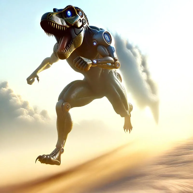 <lora:robots and blonde girl first attempt epoch 4:2>humanoid robot, running, alongside, T-Rex, glowing eyes, dust, no humans, Tyrannosaurus rex, open mouth, claws, teeth, outdoors, cloud, sky, futuristic metallic humanoid robot with sleek design, exposed mechanical joints, and intricate inner workings, blue glowing eyes, giving a sense of advanced AI, T-Rex with realistic scaly skin texture, powerful muscular build, mouth wide open showing sharp teeth, large claws visible on its feet and hands, running together across a dusty terrain, clouds of dust kicked up around their feet, dynamic motion captured, suggesting high speed and urgency, industrial structures faintly visible in the background, silhouetted against the sky, sky filled with fluffy clouds, soft golden light suggesting early morning or late afternoon, shadows on the ground indicating the position of the sun, overall composition focusing on the contrast between futuristic technology and ancient life, scene evoking a sense of adventure and the merging of different eras, image capturing the energy and movement of both the robot and the dinosaur