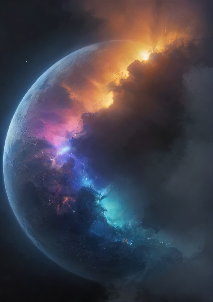 low angle, a mechanical holographic crystal (planet:1.3) is rising and cracked, eerie, bleak, challenging a mysterious universe, epic, neon lights, smoke, particles,  <lora:- SDXL - holo_effect_V1.0:0.6>,   <lora:- SDXL - ptm-no2_style_V1.0:0.5>