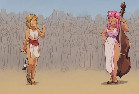 Pink_DragonPink, 1girl, sleeveless dress, white tiger print dress, pelvic curtain, cleavage, white tiger tail, red sash, small breasts, leather shoes, masterpiece, very aesthetic, smiling wide, showing teeth, <lora:pink-illustrious:1>, 
Break
1boy,Anime screencap,link (zelda),blonde hair,blue eyes,pointy ears, low ponytail, sidelocks, wearing blue hyilian tunic, happily smiling
Break
On a raised medieval stage, in front of a large crowd, pink_dragonpink playing contrabass, holding a bow, doublebass, instrument, bow_(music), Link plays an ocarina