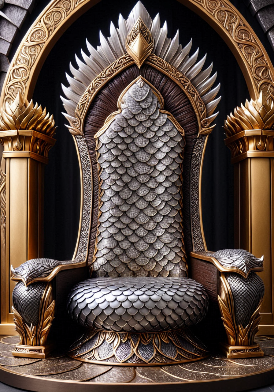 a throne, scaleboundsdxl, <lora:scaleboundsdxl:1>, best quality, masterpiece,  brown scales, gold scales, epic, throne room,