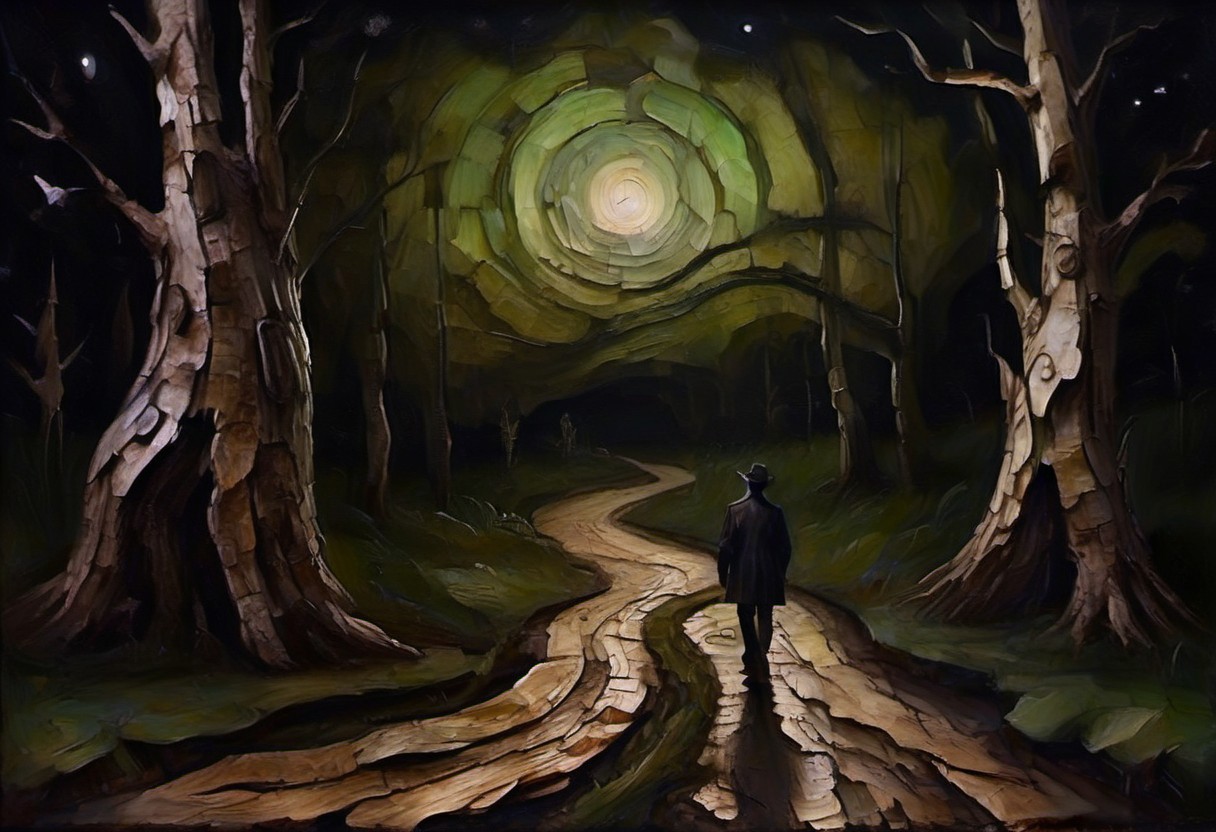 a surrealist painting of a dark meandering country road made out of (Jed-brk), night, birch trees, a dark human figure, green moonlight, swirly, ((stars)), dark-grasshrooms, dark, backlit, low key, sidelight, silhouette, depth of field, blurry foreground