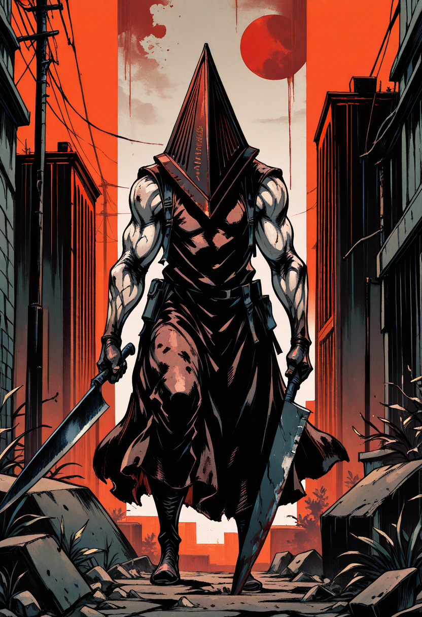 yshinkawa, anime, highly-detailed, best quality, masterpiece, newest, very aesthetic, 1boy, Pyramid Head (Silent Hill), holding absurdly large knife,