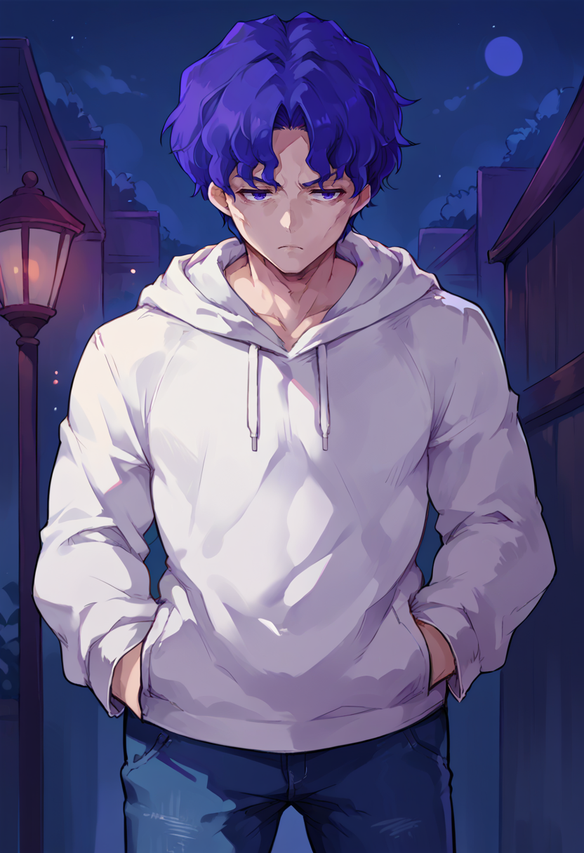 score_9, score_8_up, source_anime, 1boy, solo, ShinjiMatou, purple eyes, purple hair, wavy hair, short hair, parted bangs, white hoodie, hands in pockets, jeans, night, dark, tired, <lora:ChamMatouShinjiPonyXL:1>
