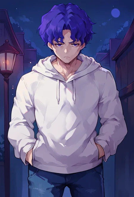 score_9, score_8_up, source_anime, 1boy, solo, ShinjiMatou, purple eyes, purple hair, wavy hair, short hair, parted bangs, white hoodie, hands in pockets, jeans, night, dark, tired, <lora:ChamMatouShinjiPonyXL:1>