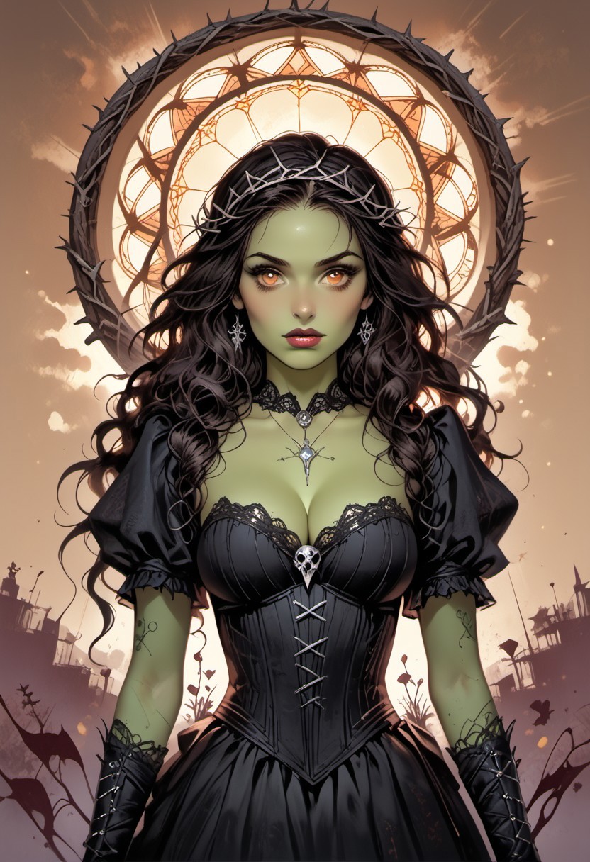 Stable_Yogis_PDXL_Positives, (score_9, score_8_up, score_7_up), ((face focus, eye focus, dynamic angle, motion)), ((VtmArt)), 1girl, solo, fantasy, (elphaba), (black hair, very long hair, wavy hair), (crown of thorns), black lips, (orange eyes), beautiful, goth girl, ((green skin, colored skin, all-green skin, green complexion)), ((huge breasts)), (ragged dress, black dress), (corset), (sexy witch costume), lace, cape, breathless intimacy, tanned skin, petite model bombshell, heart, young, delicate features, narrow pointy nose, tiny nose, lust, big eyes, seductive eyes, blue eyes, detailed skin, flared lashes, mascara, makeup, ((perky huge breasts)), athletic body, narrow waist, skinny hips, 
warm light, detailed, neon dark party
 BREAK
milky way, runes, arcane, astral, surreal, ethereal glow, masterpiece, best quality, intricate design. colorful, moonlit nightsky, stained glass aesthetic, moody whimsical color palette, murano glass, bold soldering lines, volumetric light shining through, crepuscular rays, intricate craftsmanship, detailed texture, luminous transparency, reflective light play, vivid hues, atmospheric depth, enchanting silhouette, art nouveau,