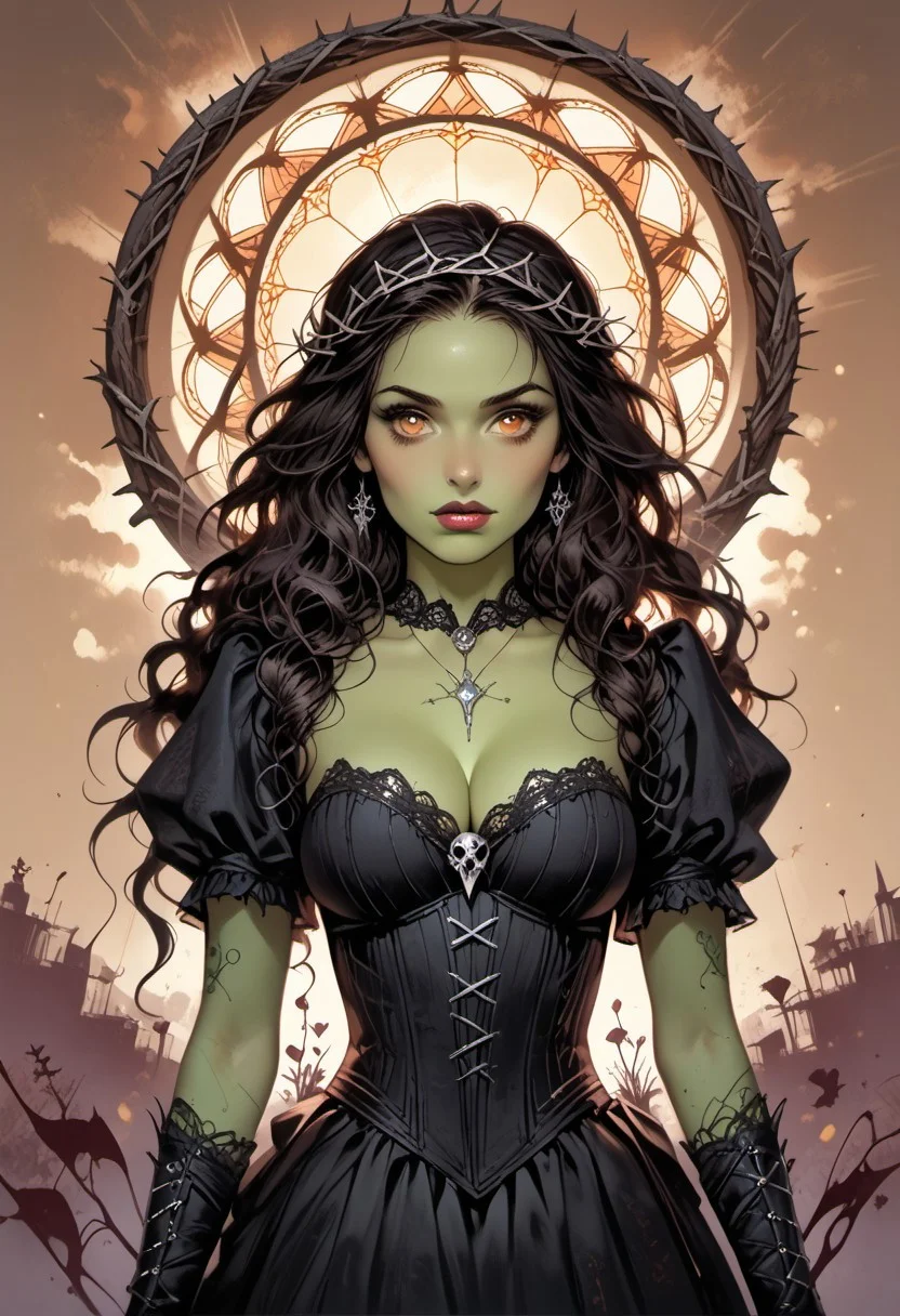 Stable_Yogis_PDXL_Positives, (score_9, score_8_up, score_7_up), ((face focus, eye focus, dynamic angle, motion)), ((VtmArt)), 1girl, solo, fantasy, (elphaba), (black hair, very long hair, wavy hair), (crown of thorns), black lips, (orange eyes), beautiful, goth girl, ((green skin, colored skin, all-green skin, green complexion)), ((huge breasts)), (ragged dress, black dress), (corset), (sexy witch costume), lace, cape, breathless intimacy, tanned skin, petite model bombshell, heart, young, delicate features, narrow pointy nose, tiny nose, lust, big eyes, seductive eyes, blue eyes, detailed skin, flared lashes, mascara, makeup, ((perky huge breasts)), athletic body, narrow waist, skinny hips,
warm light, detailed, neon dark party
BREAK
milky way, runes, arcane, astral, surreal, ethereal glow, masterpiece, best quality, intricate design. colorful, moonlit nightsky, stained glass aesthetic, moody whimsical color palette, murano glass, bold soldering lines, volumetric light shining through, crepuscular rays, intricate craftsmanship, detailed texture, luminous transparency, reflective light play, vivid hues, atmospheric depth, enchanting silhouette, art nouveau,