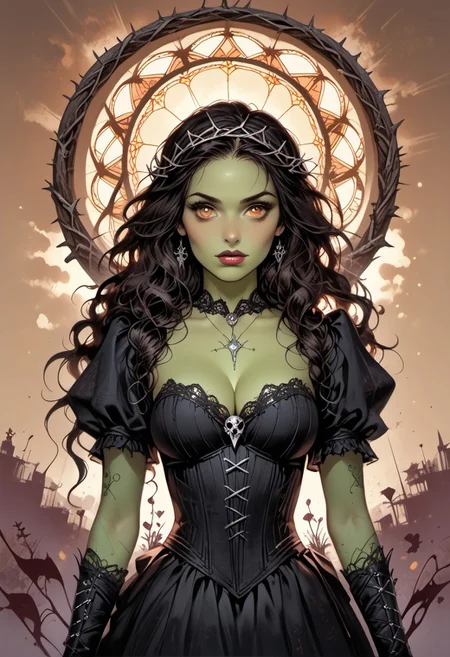 Stable_Yogis_PDXL_Positives, (score_9, score_8_up, score_7_up), ((face focus, eye focus, dynamic angle, motion)), ((VtmArt)), 1girl, solo, fantasy, (elphaba), (black hair, very long hair, wavy hair), (crown of thorns), black lips, (orange eyes), beautiful, goth girl, ((green skin, colored skin, all-green skin, green complexion)), ((huge breasts)), (ragged dress, black dress), (corset), (sexy witch costume), lace, cape, breathless intimacy, tanned skin, petite model bombshell, heart, young, delicate features, narrow pointy nose, tiny nose, lust, big eyes, seductive eyes, blue eyes, detailed skin, flared lashes, mascara, makeup, ((perky huge breasts)), athletic body, narrow waist, skinny hips, 
warm light, detailed, neon dark party
 BREAK
milky way, runes, arcane, astral, surreal, ethereal glow, masterpiece, best quality, intricate design. colorful, moonlit nightsky, stained glass aesthetic, moody whimsical color palette, murano glass, bold soldering lines, volumetric light shining through, crepuscular rays, intricate craftsmanship, detailed texture, luminous transparency, reflective light play, vivid hues, atmospheric depth, enchanting silhouette, art nouveau,