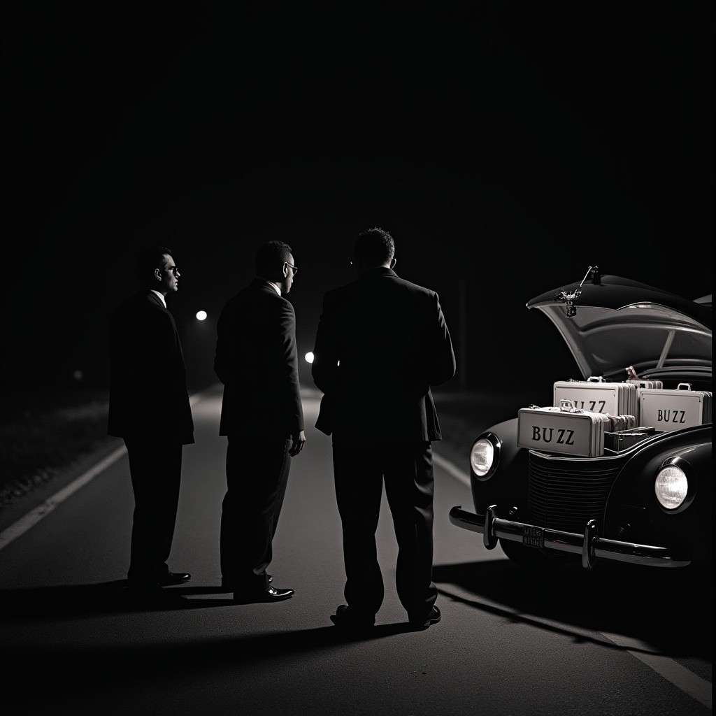 Three mafia members stand on the side of the road in the middle of the night. It is pitch black, and the only source of light comes from headlights of their 1940 ford mustang parked beside them. Multiple briefcases with the words BUZZ written on them can be seen inside the trunk of the car.