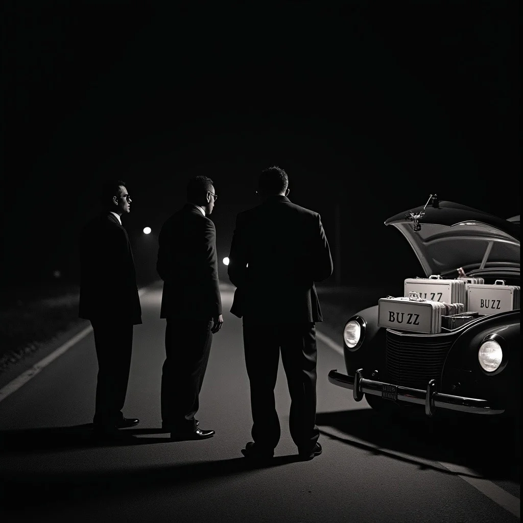 Three mafia members stand on the side of the road in the middle of the night. It is pitch black, and the only source of light comes from headlights of their 1940 ford mustang parked beside them. Multiple briefcases with the words BUZZ written on them can be seen inside the trunk of the car.