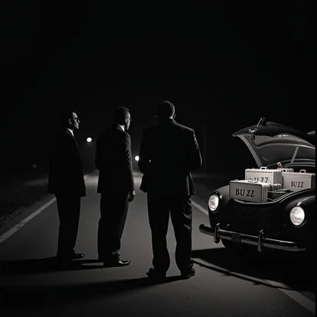 Three mafia members stand on the side of the road in the middle of the night. It is pitch black, and the only source of light comes from headlights of their 1940 ford mustang parked beside them. Multiple briefcases with the words BUZZ written on them can be seen inside the trunk of the car.
