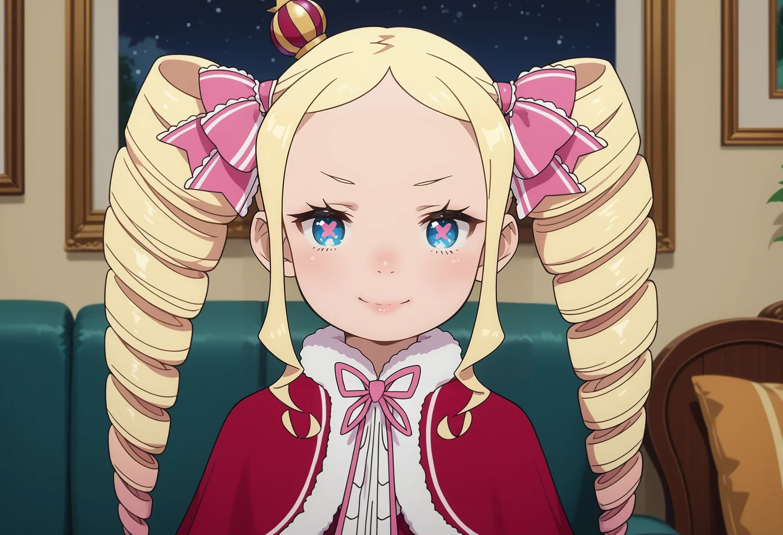 score_9, score_8_up, score_7_up, score_6_up, score_5_up, score_4_up, intricate details, perfect, solo, source_anime,
beatrice, long hair, blue eyes, blonde hair, twintails, hair ribbon, sidelocks, symbol-shaped pupils, drill hair, twin drills,
dress, ribbon, fur trim, capelet, crown, mini crown, red capelet, frills, bowtie,
flirting, seductive smile, innocent, flirtatious, seductive, cute, pleasant, dark room, indoor, cozy living room, sofa
<lora:rezero-beatrice-s3-leak-ponyxl-lora-nochekaiser:1>, zPDXL2, fixl-art