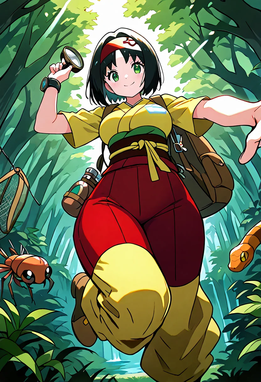 masterpiece, best quality,  curvy, beautiful eyes, narrow waist, wide hips, smile, looking at viewer, dynamic angle, foreshortening, close up,     zzErika, erika (pokemon), green eyes, short hair, black hair, red hairband,    <lora:ErikaPokemon_IXL:1.0>  [Jungle Field Biologist], ventilated hiking vest, water-resistant shirt, bug net shoulder drape, multi-compartment backpack, data pad on wrist strap, canteen holster, magnifier lens goggles, reinforced pants with side zippers, specimen jar clips, snake-bite guard boots, field notes fluttering, rainforest clearing,