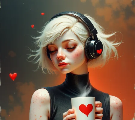 score_9, score_8_up, score_7_up, score_6_up, In a futuristic urban landscape, a stylish young Japanese woman with a bold white bob haircut stands out against the neon-lit surroundings. Her robotic-inspired suit and matching steel headphones add a sleek, modern touch, while the large white coffee mug adorned with a tiny red heart she holds in her hands offers a subtle glimpse of her softer side., highly detailed, gritty <lora:ponys-dream:.9>