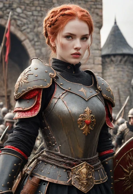 castle, score_9, score_8_up, score_7_up, score_6_up, score_5_up, extremely detailed, 1 woman, mature, short, pale skin, cute face, grey eyes, small breasts, strawberry blonde hair, braided updo, wearing red and black armor, holding a spear, in a battlefield in front of a castle, soldiers fighting behind her, she has blood on her shield and face, detailed, realistic