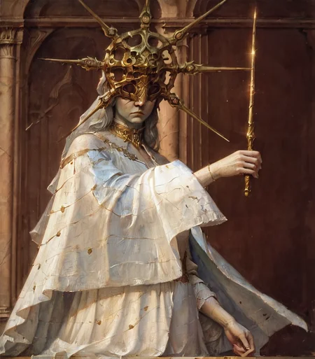 score_9,score_8_up,score_7_up,<lora:Gwyndolin_Dark_Souls:0.5>,(gwyndolin:1.2),Golden Mask,solo,Holding a magic wand,(pale skin:1.3),(bloodless mouth:1.1),expressionless,silver hair,elaborate ceremonial robes,wears a tall crown BREAK
faux traditional media,aesthetic of hard edge painting,oil painting,pioneering unparalleled masterwork with superior details,expressive drawing,expressionism,realistic,<lora:Gothic Art 2 Style SDXL_LoRA_Pony Diffusion V6 XL:0.9>,