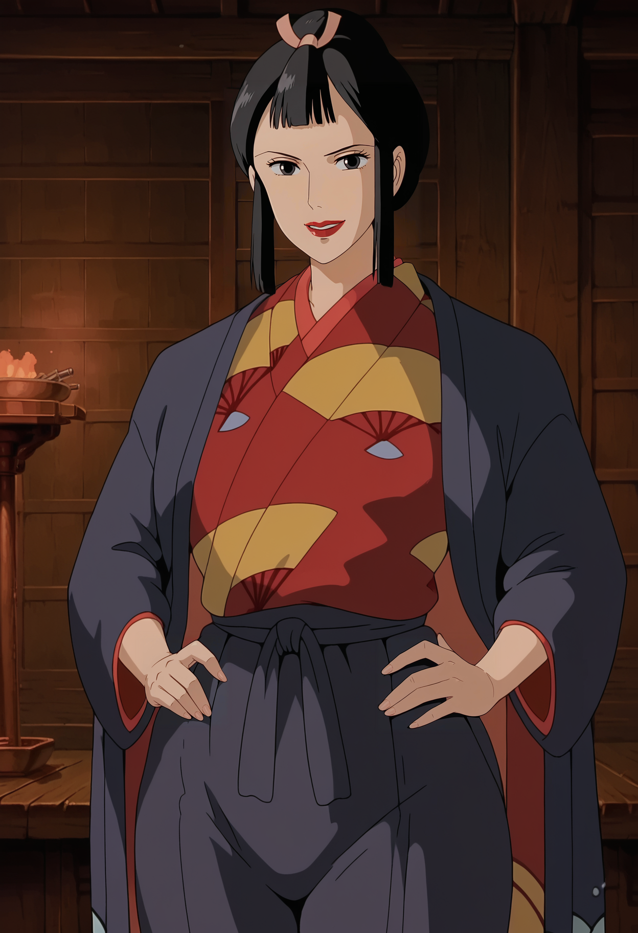 <lora:Eboshi_Gozen-Mononoke_Hime:0.9>,Eboshi,mature female,1girl,solo,black hair,black eyes,lipstick,japanese clothes,kimono,hands on own hips, cowboy shot, looking at viewer, indoors,smile