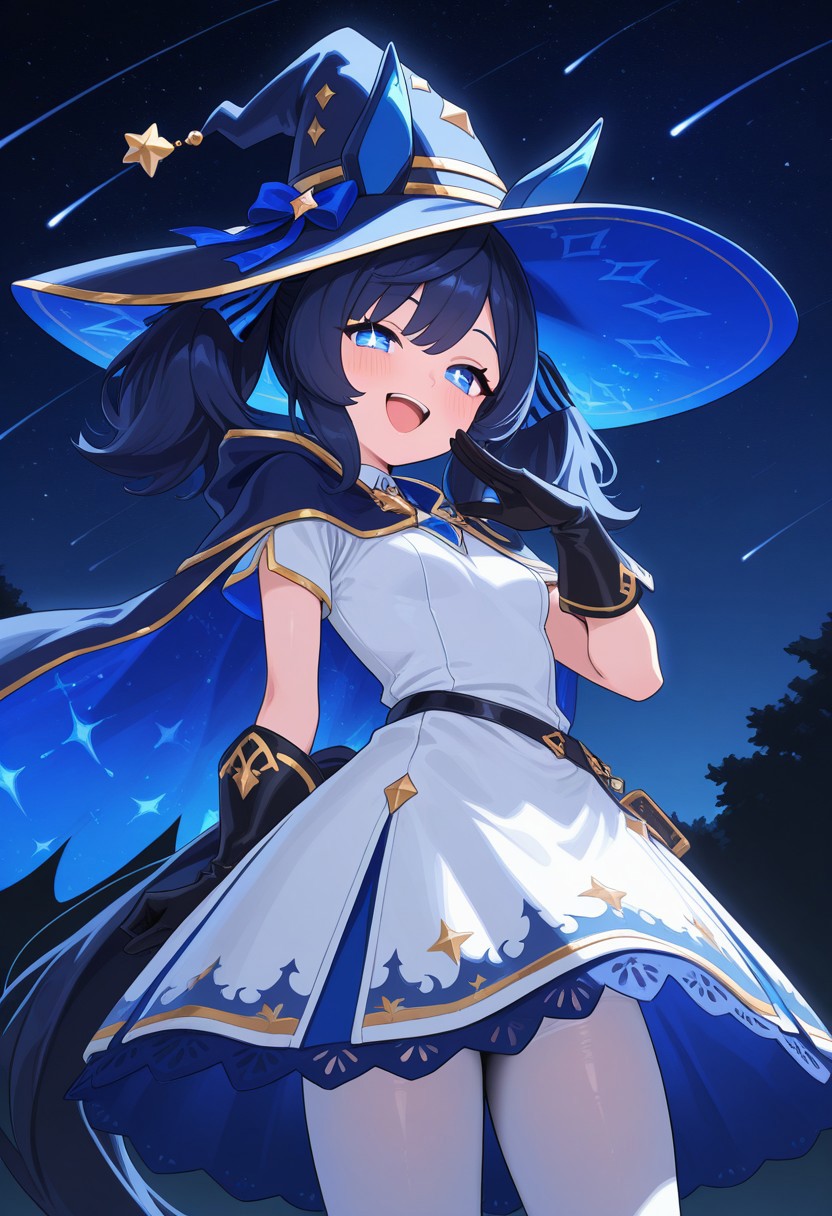 anime, masterpiece, best quality, 8k, glancing at viewer, 1girl, (female umamusume, female focus, umamusume, medium hair, dark blue hair, blue eyes, star pupils, twintails, fluffy hair, dark blue wizard hat, big wizard hat, short dark blue mantle, dark blue ribbon, white dress with blue and gold rim, black gloves, short sleeves, white tights, blue horse tail, horse ears, blue ribbons), nighttime, starry sky, shooting stars, laughing, happy, cute, short, wind blowing,  perfect body, petite, shortstacks, solo, masterpiece, best quality,highres, score_9, score_8_up, score_7_up, score_6_up, source anime, absurdres, masterpiece, best quality,
