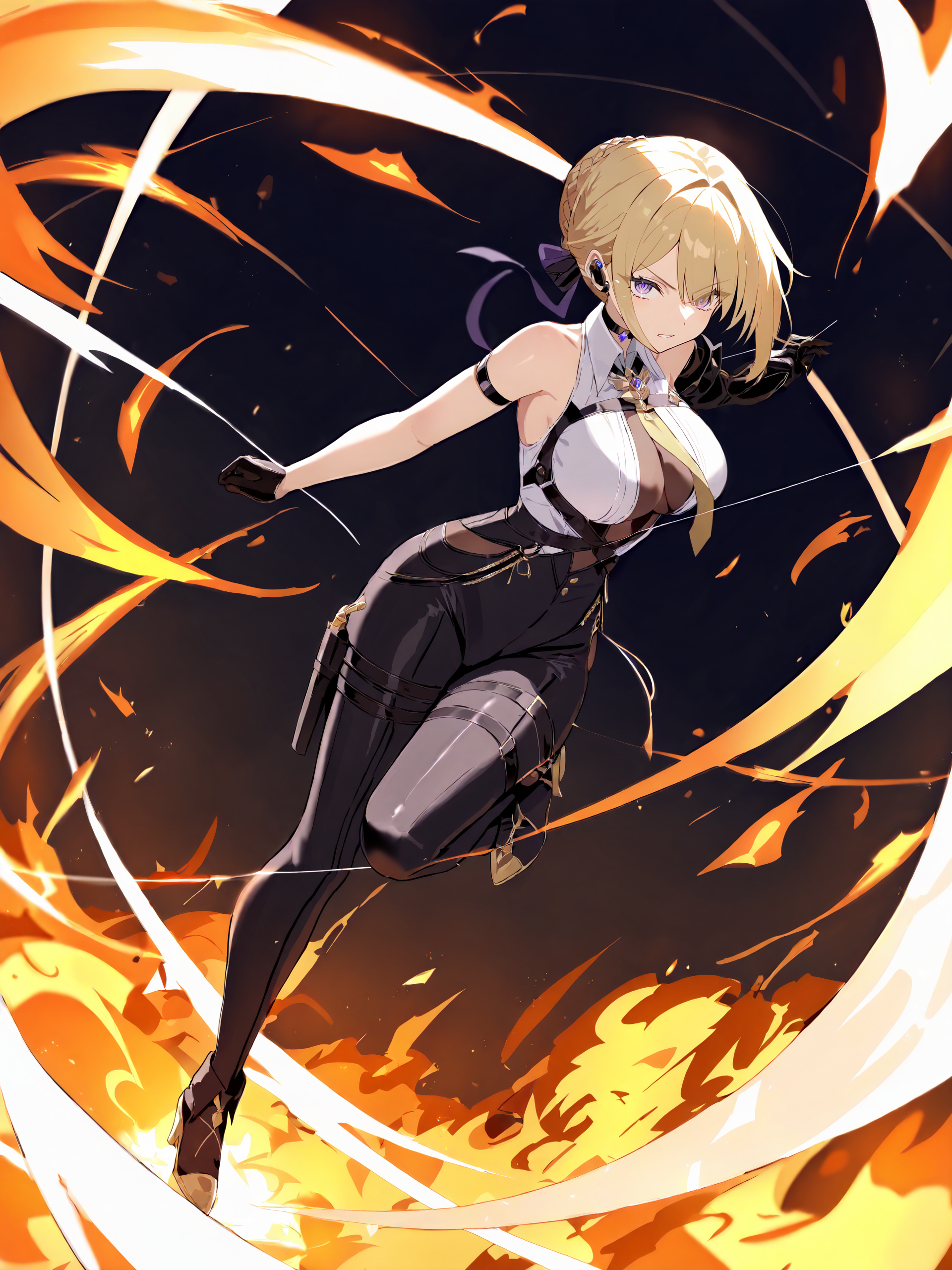 masterpiece, high score, great score, absurdres, blonde hair, purple eyes, <lora:Char-ZZZ-Evelyn-V1-XL:1:hr=0.6>, 1girl, solo, evelyn chevalier, braided bun, hair up, black hair ribbon, earpiece, thigh holster, arm strap, single gauntlet, black gloves, high-waist tight pants, collared sleeveless shirt, chest harness, yellow necktie, pendant choker, high heel boots, depth of field, full body, string, thread, fire, combat pose, incoming attack, glaring, looking at viewer