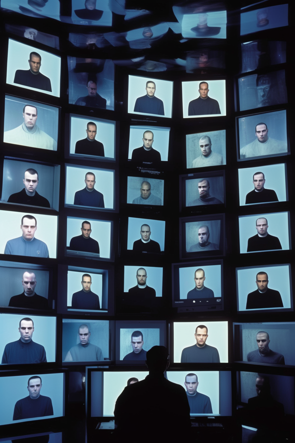 <lora:Video installation:1>Video installation - (Content) A striking image that places us in the 2000s, showcasing a wall filled with computer screens, each displaying the photograph of a different criminal, in a style that evokes the digital era and technology of that time. (Medium) High-resolution hyperrealistic photography. (Style) Inspired by the cyber and technological aesthetics of the 2000s, capturing the fusion between the digital world and crime in the information age. (Lighting) Intense and cool lighting, with a glow reminiscent of computer screens, creating a futuristic atmosphere and a sense of suspense. (Colors) A palette of contrasting and saturated colors, using dark and vibrant tones to reflect the duality between good and evil in the criminal context. (Composition) Meticulous and symmetrical composition, with computer screens aligned in an orderly grid, captured with a high-resolution digital camera like a Sony Alpha a7R IV, to ensure exceptional sharpness in each screen and photograph