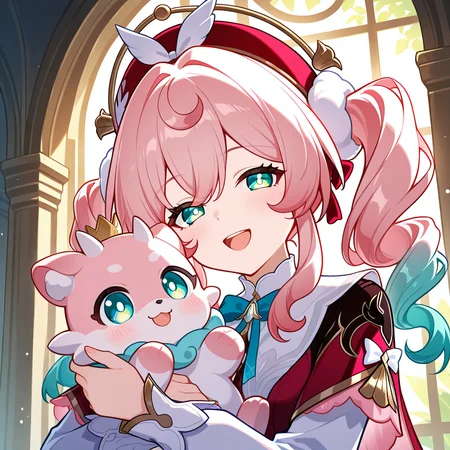 hyacine (honkai: star rail), 1girl, pink hair, holding, twintails, smile, long sleeves, red headwear, open mouth, blush, hat, long hair, solo, upper body, multicolored hair, horns, looking at viewer, tongue, hair between eyes, holding animal, :d, green eyes, drill hair, masterpiece, best quality, amazing quality, very aesthetic, absurdres, newest, (scenery, volumetric lighting)