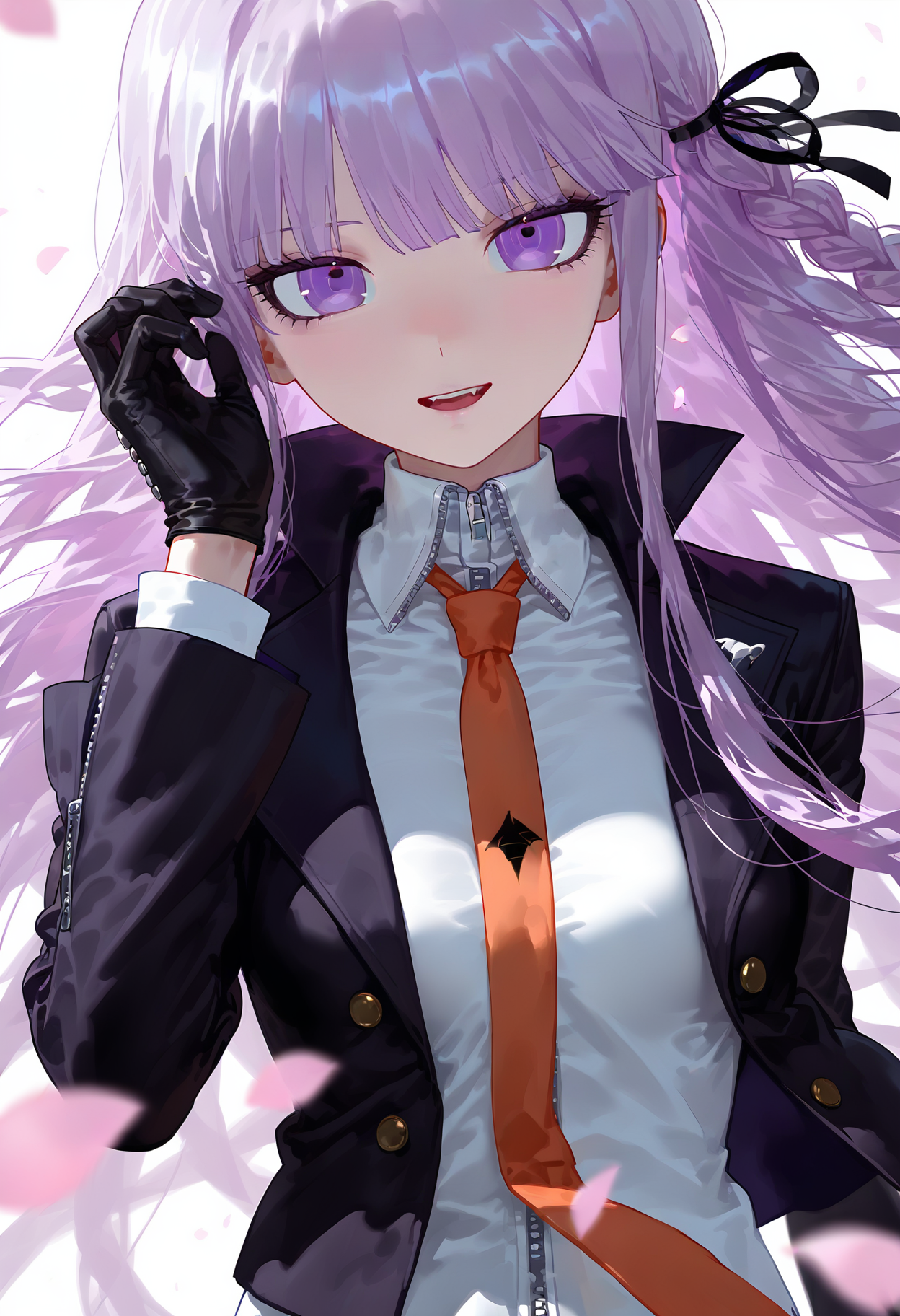 1girl,kirigiri kyoko,danganronpa: trigger happy havoc,danganronpa \(series\),blunt bangs,blurry edges,braid,breasts,eyelashes,floating hair,long hair,looking at viewer,open mouth,petals,pink eyes,pink hair,pink petals,sidelocks,simple background,solo,upper body,white background,open clothes,open jacket,collared jacket,falling petals,depth of field,arm at side,long sleeves,upper teeth only,black ribbon,teeth,ribbon,high collar,hand up,shirt,white shirt,purple pupils,black gloves,straight-on,buttons,grey background,hair ribbon,fangs,gloves,side braid,necktie,light smile,purple hair,blurry,orange necktie,jacket <lora:nyaliaXL_NB11_lokr_V6311P:0.95>
