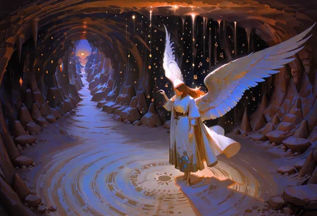 embedding:lazympos, masterpiece, newest, absurdres, yuming li artstyle, ymnl_style, 1girl, long_hair, feathered_wings,  dynamic_pose, painterly, abstract, impressionism, traditional_media, paw print background, cave, evening, from above, panorama, rabbit pose, very wide shot, :/, Coat