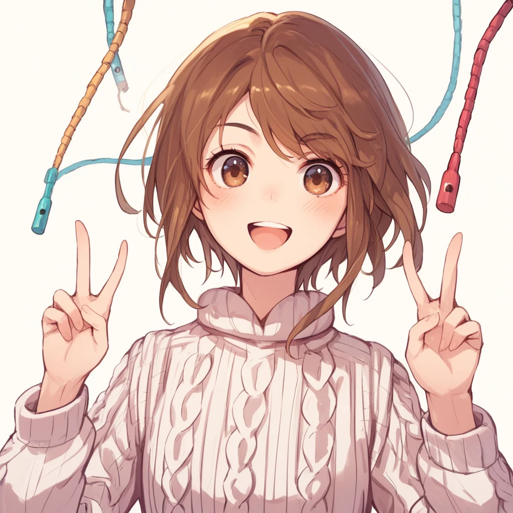 anime coloring, score_9, score_8_up, score_7_up, score_6_up, kinuhata saiai, toaru, 1girl, sweater, short hair, cable knit, brown hair, aran sweater, blush, open mouth, solo focus, smile, long hair, brown eyes, portrait, upper body, white sweater, double v