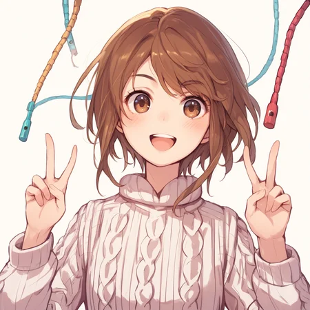 anime coloring, score_9, score_8_up, score_7_up, score_6_up, kinuhata saiai, toaru, 1girl, sweater, short hair, cable knit, brown hair, aran sweater, blush, open mouth, solo focus, smile, long hair, brown eyes, portrait, upper body, white sweater, double v