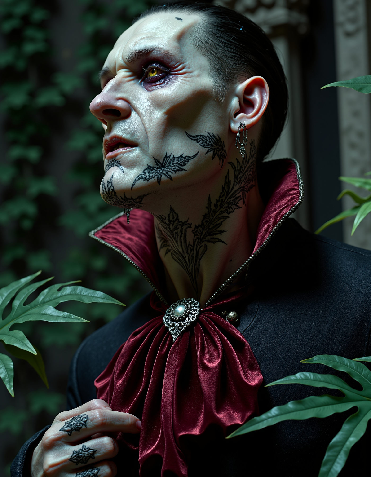 zavy-vmpr, Close-up shot from a slightly elevated angle, a pale-skinned vampire with intricate black lace patterns tattooed along his neck and jaw, adjusting a blood-red velvet cravat with a delicate silver brooch, surrounded by overgrown ivy and creeping shadows of an ancient crypt, cinematic and moody with an emphasis on texture, jewel tones of deep burgundy, emerald green, and hints of midnight blue.