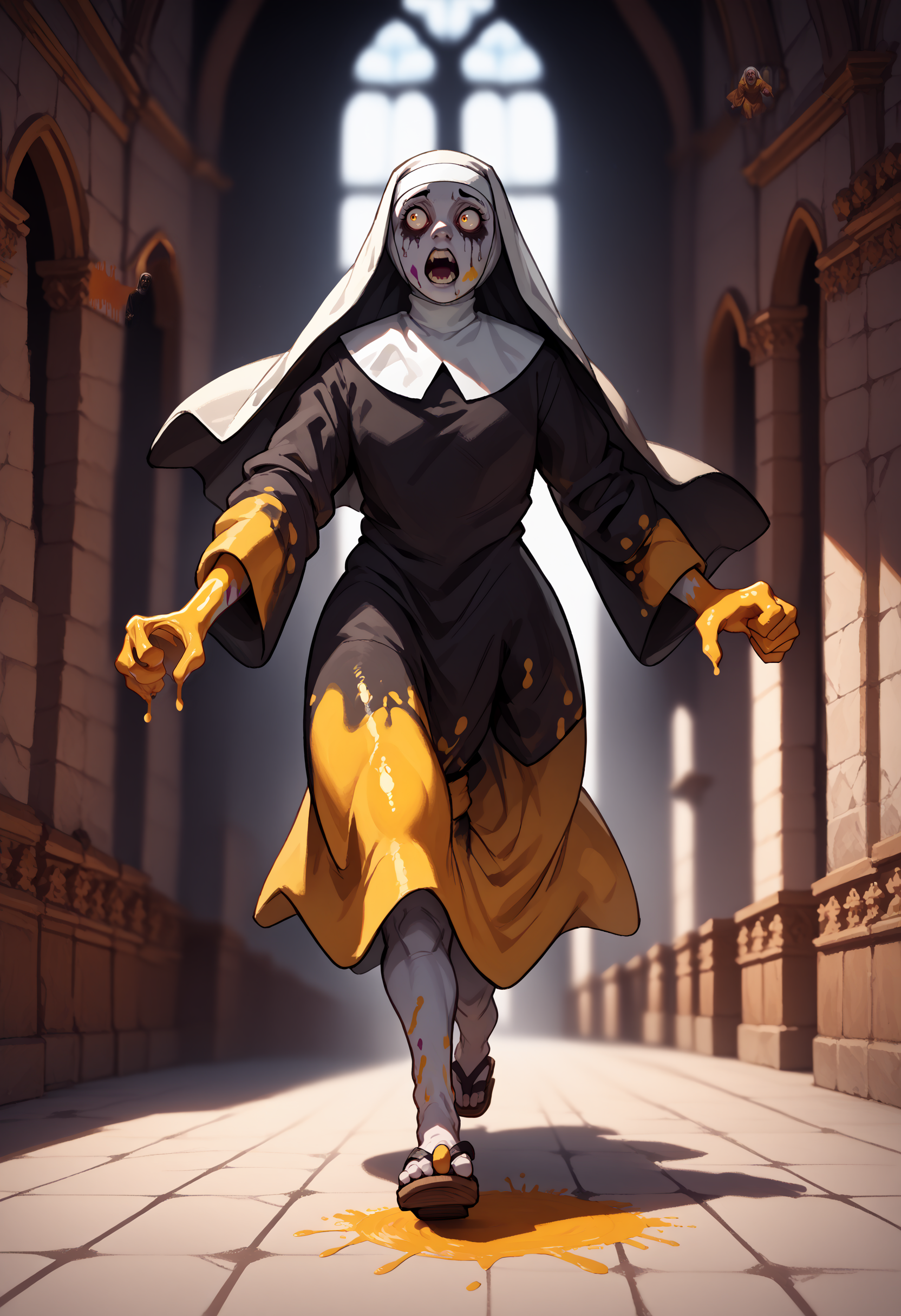 PonyXLV6_Scores BREAK EnD_Irreverant_Nuns, solo, open mouth, 1boy, male focus, indoors, blurry, sandals, walking, running, robe, nun, statue, church, paint splatter, liminal horror, yellow paint, zombie nun, tentacles, nsfw, rating_explicit <lora:Irreverent_Nuns:1>
