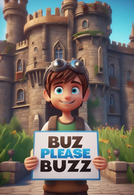 man holding a sign that says ("Buzz Please") text logo, male focus, 1boy, brown hair, headband, blue eyes <lora:texta:0.9>, spooky castle, (anime, masterpiece, intricate:1), (best quality, hires textures, high detail:1), (4k),(incredibly detailed:1),UHD, 8K, ultra detailed​​​