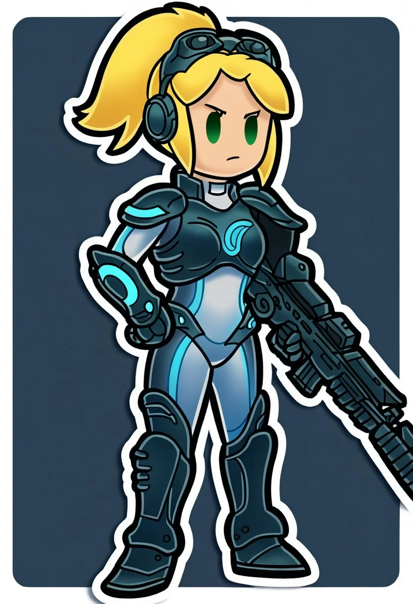 score_9, score_8_up, score_7_up, beautyfull color,
aesthetic, 2d,
Chibi, solid oval eyes, Outline,
close-up shot, view from aside,
1girl, long hair, ponytail, goggles on head, bodysuit, breastplate, gauntlets, shoulder armor, neon trim, boots, dirt face, foggy background, cowboy shot, sniper rifle, aiming, firing, laser, green eyes,