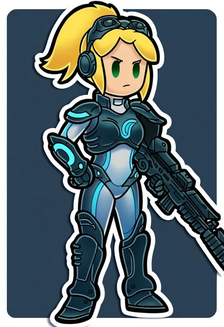 score_9, score_8_up, score_7_up, beautyfull color, 
aesthetic, 2d, 
Chibi, solid oval eyes, Outline,
close-up shot, view from aside,
1girl, long hair, ponytail, goggles on head, bodysuit, breastplate, gauntlets, shoulder armor, neon trim, boots, dirt face, foggy background, cowboy shot, sniper rifle, aiming, firing, laser, green eyes,