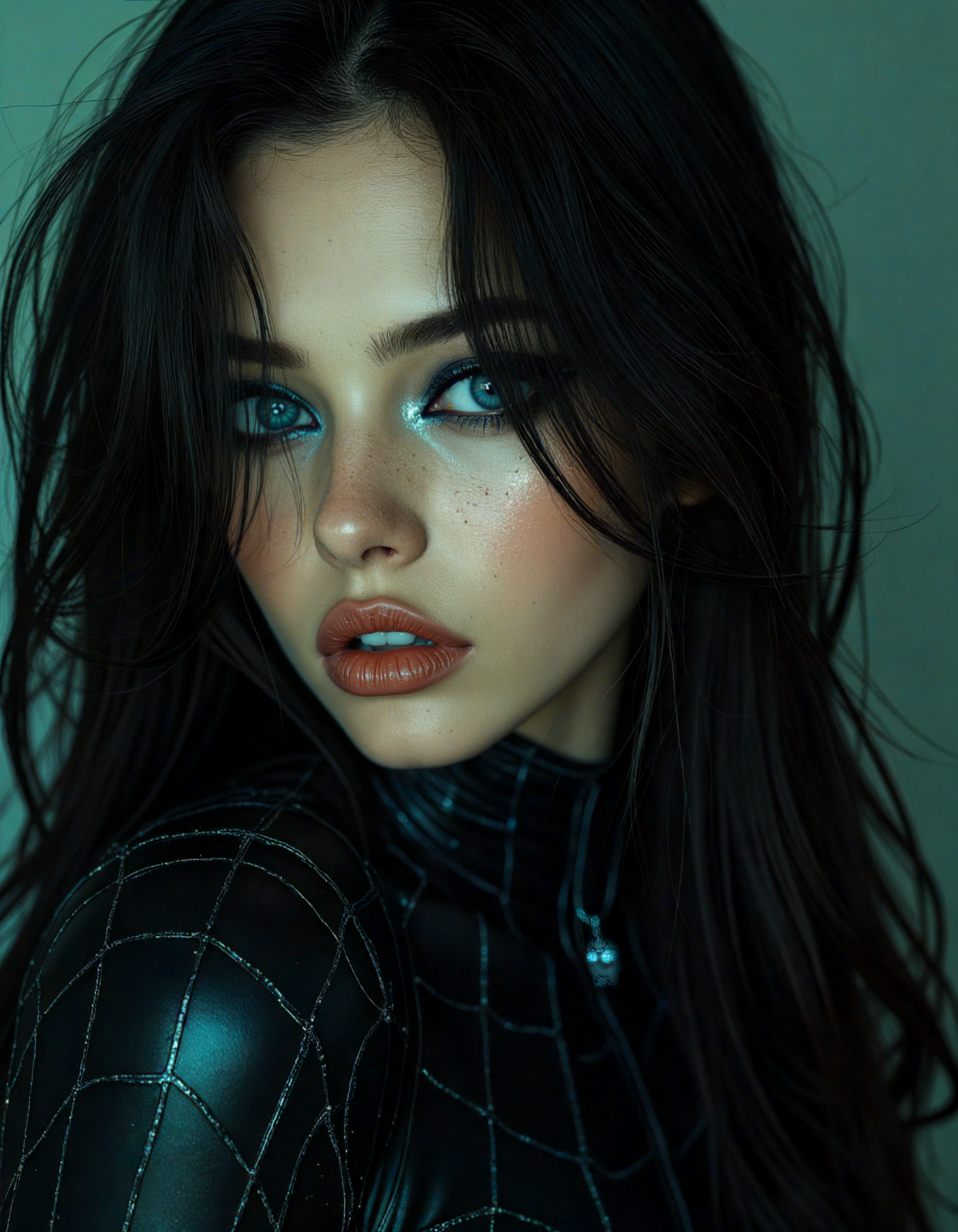 space-themed (dark mood masterpiece Photography:1.2), portrait of a mysterious Spiderman, with blue eyes and dark make up, dark eyeliner, she has sensuous lips, looking seductively, naughty. The extreme realism focuses on her detailed skin, showing fine textures and natural highlights. photography masterpiece, modern, irresistible beauty, fuzzy lighting, dark mood, unusual composition, use of negative space, (rule of thirds composition), simmetry, mysterious, emotional, flirting, groundbreaking unrivaled opus with unrivaled details, (Army Green color scheme), highly detailed, melancholic, low-light hyper detailed photography, catchlights, extremely high-resolution details, photographic, realism pushed to extreme, fine texture, incredibly lifelike, medium shot,style by luis royo . cosmic, celestial, stars, galaxies, nebulas, planets, science fiction, highly detailed