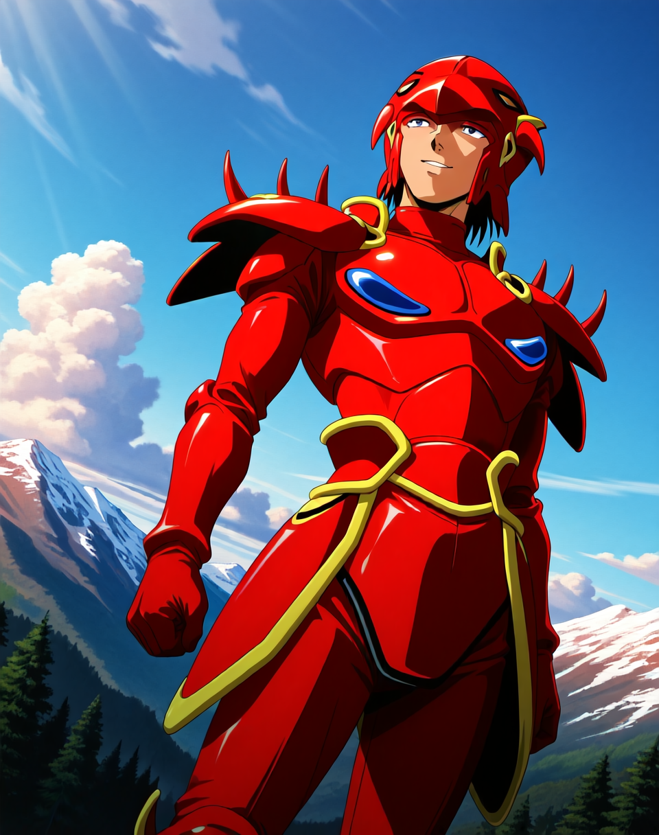 <lora:Mushra_(Shinzo)_(Illustrious)_(AD):1.35> Mushra, phoenix armor, Shinzo, 
exterior, vivid anime blue sky with detailed clouds, mountains, nature, dynamic action, dutch angle, male focus, head turned to side, glossy red armor, brash happy expression, male focus, forward facing, 
BREAK: lazypos (3),