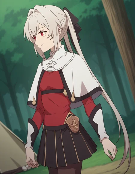 score_9, score_8_up, score_7_up, source_anime, <lora:lynneburg-clays-s1-ponyxl-lora-nochekaiser:1>, lynneburg clays, long hair, red eyes, twintails, grey hair, hair intakes, hair ribbon,, pantyhose, capelet, white capelet, dress, red dress, long sleeves, skirt, black skirt, pleated skirt,, camping, bonfire, tent, stargazing, marshmallows, forest clearing, night, , , smile, from side, solo,, cowboy shot, dutch angle