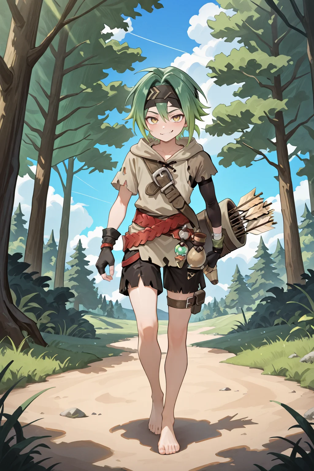 masterpiece, very aesthetic, absurdres, best quality, amazing quality, high resolution, newest, very awa, <lora:illustrious_quality_modifiers_masterpieces_v1:0.8> , <lora:ChamIllustriousBackgroundEnhancer:0.5>, (solo), <lora:MizerIL:0.8> MzeDef, 1boy, yellow eyes, gradient hair, short hair, green hair, headband, black headband, uneven sleeves, tunic, grey tunic, shoulder strap, hood down, hood, gloves, single fingerless glove, mismatched gloves, fingerless gloves, wristband, shorts, black shorts, thigh strap, torn clothes, crossed belts, quiver, arrow (projectile), barefoot, full body, forest, exterior, smirk, looking at viewer, day, blue sky, clouds,