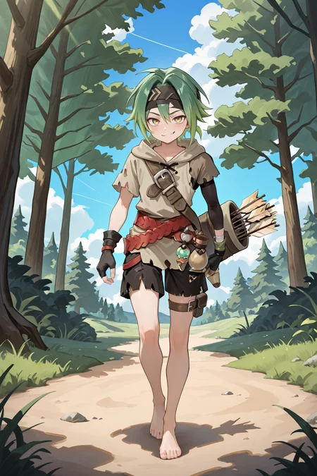 masterpiece, very aesthetic, absurdres, best quality, amazing quality, high resolution, newest, very awa, <lora:illustrious_quality_modifiers_masterpieces_v1:0.8> , <lora:ChamIllustriousBackgroundEnhancer:0.5>,  (solo),    <lora:MizerIL:0.8> MzeDef, 1boy, yellow eyes, gradient hair, short hair, green hair, headband, black headband, uneven sleeves, tunic, grey tunic, shoulder strap, hood down, hood, gloves, single fingerless glove, mismatched gloves, fingerless gloves, wristband, shorts, black shorts, thigh strap, torn clothes, crossed belts, quiver, arrow (projectile), barefoot, full body, forest, exterior, smirk, looking at viewer,  day, blue sky, clouds,