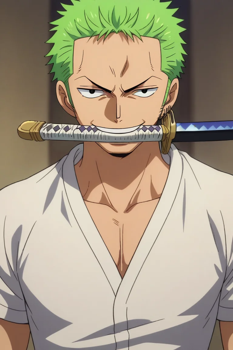score_9, score_8_up, score_7_up, source_anime, intricate details, anime screencap, anime coloring, , looking at viewer, upper body, depth of field, 1boy, solo, male focus, <lora:zoro_roronoa_pony:0.96>, zoro_roronoa, green hair, black eyes, short hair, , , , , katana, , mouth hold, teeth, smile, , , , <lora:sdxl_lightning_8step_lora:1>