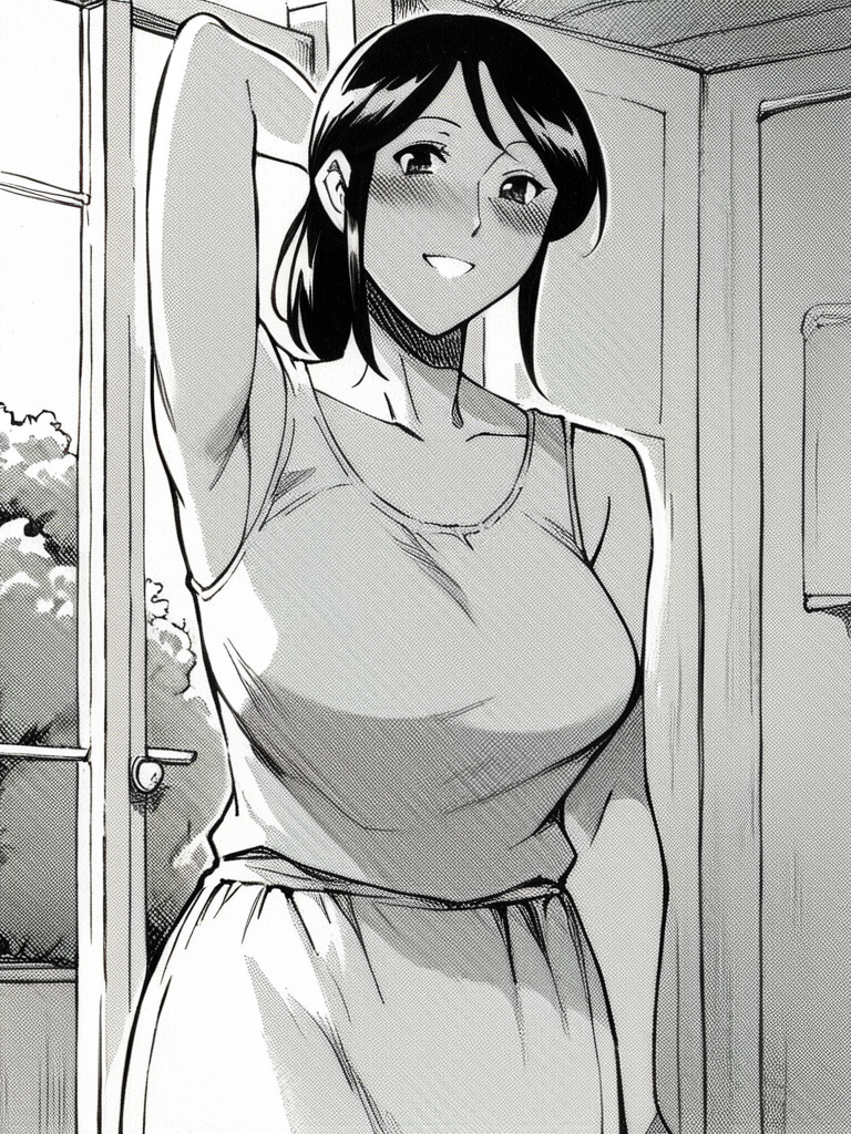 score_9, score_8_up, score_7_up,  
1girl, monochrome, higuchi tomoko, mature female, black hair, ponytail, large breasts,

standing, indoors, tank top, white skirt, smile, blush, looking at viewer, arm behind head, solo, smile, 
