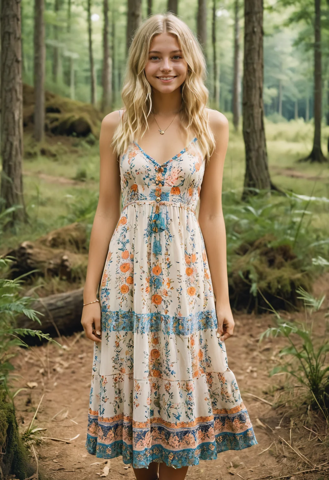 a beautiful young Hippie girl, 20 years old, highly detailed face, blonde hair, ideal face, cute smile, realistic detailed skin, long boho dress, forest background, RAW candid cinema, 16mm, color graded portra 400 film, remarkable color, ultra realistic, highest quality, masterpiece photography, <lora:BT_Boho_Dress_XL:0.7>