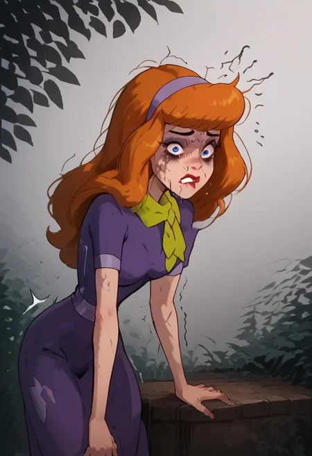 score_9, score_8_up, score_7_up, score_6_up, score_5_up,daphne, daphne blake,1girl, loser, jungle, extra mini tight looking at viewer, EPsbdDaphne, orange hair, long hair, black eyes,, purple hairband, green scarf, pink pantyhose, purple dress, makeup, big butt,from side,bent over,arm support,solo, middle breasts, seeing stars, dizzy eyes,confused, sny, blue eyes, orange long hair, one eye higher than another, twisted mouth, messed hair, messy hair, destroyed face, destroyed body, awful skin face,  long hair, makeup, lipstick, young, skinny, narrow waist, fragile, sexy, perfect body,dynamic pose, posing,  wounds, hit herself,  selfharm, self harm, wounds on face, wounds on body, extreme amount of wounds, wounds everywhere, tired, tired af, extremely tired, tired eyes, huge amount of tireness, absolutely tired, wants to die, almost die, eternally tired, pain, feeling pain, feeling strong pain, powerless, extremely tired eyes, bags under eyes, shiners, stupid, dumb, extremely stupid, extremely dumb, no brain, brain damage,  blue eyes, eye twitching, nervous eye twitching, extremely hard eye twitching, totally burnt hair, sexy, horny, scared, in love, extremely dirty dress, hardly beaten fifty times, confused, deeply humiliated face, depressed face