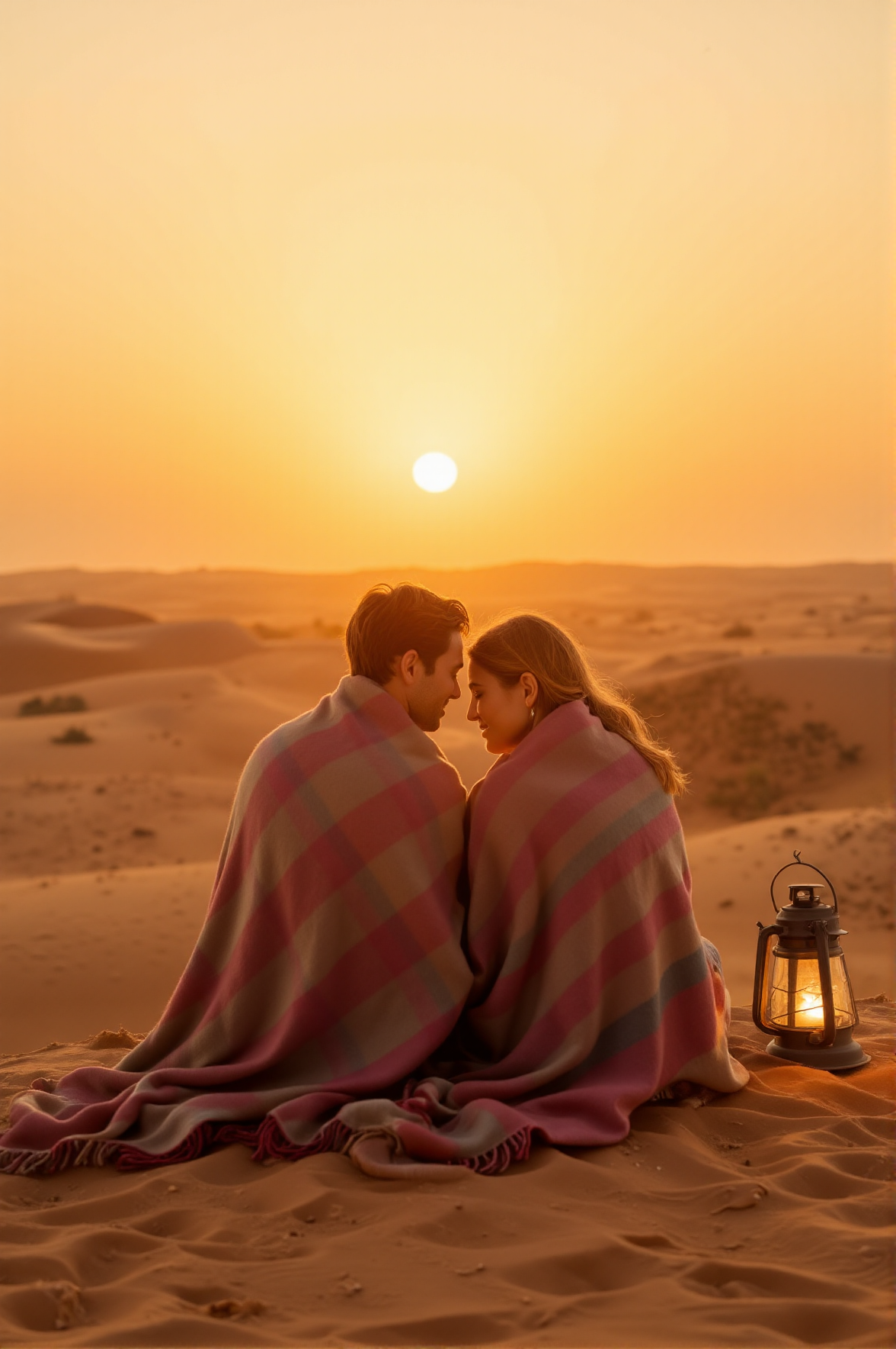 Atop a sun-kissed sand dune, two lovers sit wrapped in a flowing silk shawl, watching the desert sun melt into the horizon. The golden light bathes their faces as the wind stirs grains of sand around them. A flickering lantern rests beside them, casting soft shadows while the scent of distant jasmine drifts through the air.
<lora:ethereal-romantic-glow-flux:1>